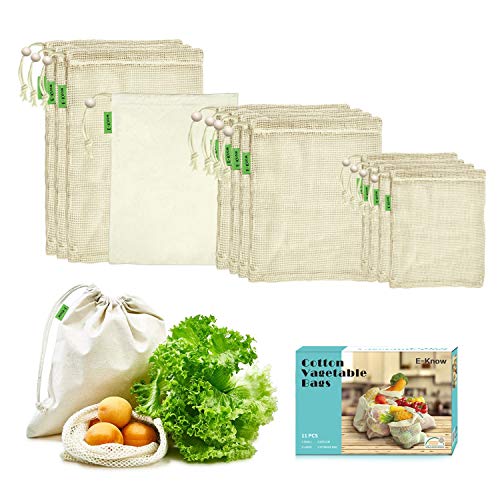 E-Know Bolsas Reutilizables,Juego de 11 Bolsas de algodón, Bolsas Biodegradables Natural Malla Algodón Fácil de Limpiar, Zero de Waste,Ecologicos (3 S, 4 M, 3 L, 1 Bolsa)