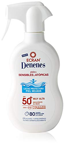 Ecran Denenes - Spray de Leche Solar Protectora SPF 50 para Pieles Sensibles y Atópicas, Pieles Mojadas, 80 Minutos de Duración - 300 ml