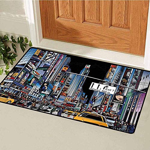 ESDGVUH City Universal Door Mat Cartoon Style New York Night Scene Advertisements Crowded Streets Taxis Highway Exit Door Mat Floor Decoration Multicolor 18x30(IN)