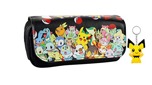 Estuche de lápices Pokemon Pikachu, estuche de lápices de doble cremallera de gran capacidad de dibujos animados, estuche de papelería para estudiantes + llavero (color 3)