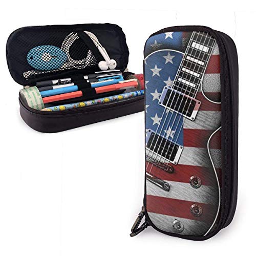 Estuche Escolar de Gran Capacidad, Bolsa de Lápiz Organizador para Material Papelería con Cremallera Doble Guitarra de bandera americana para Hombre Mujer Estudiante en Escuela Oficina