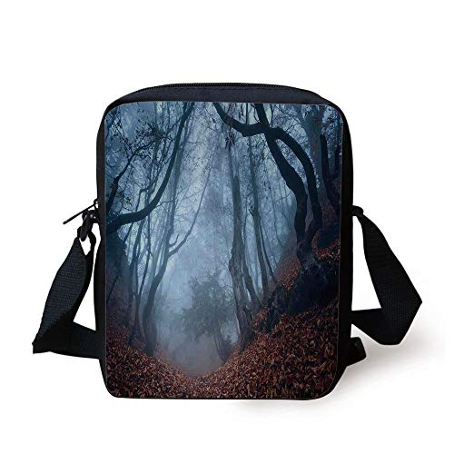 FAFANIQ Farm House Decor,Dim Gloomy Crimea Forest with Swirling Bushes Myst Spooky Wild Woodland Photo,Orange White Brown Print Kids Crossbody Messenger Bag Purse