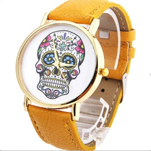 Fashion Mujer Diseño de Calaveras de Piel sintética Reloj de Pulsera Esfera Redonda Relojes Amarillo