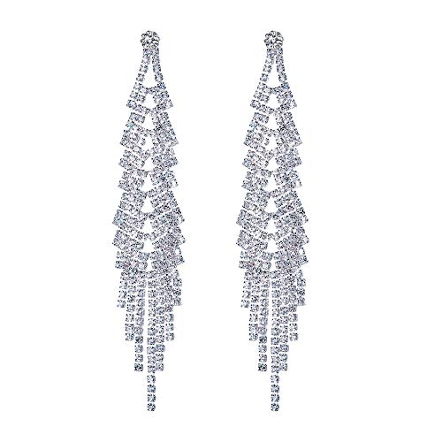 FOCALOOK Pendientes Largos Chapado en Plata para Mujer Brillante de Estrás Austriaco Estilo Minilista y Moderno Series de Borlas Opcionales (Modelo 10)