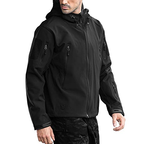 FREE SOLDIER Chaqueta Impermeable Softshell para Hombres Chaqueta Militar Táctica Chaqueta Deporte de Invierno Ropa de Trabajo con Capucha para Senderismo Caza Esquí Corriendo(Negro,M)