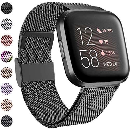 Funbiz Compatible con Fitbit Versa Correa/Fitbit Versa 2 Correa, Correa de Acero Inoxidable Correa de Metal con Cerradura para Fitbit Versa/Versa Lite, Pequeño, Negro