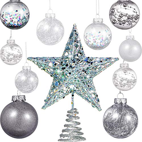 Gejoy 24 Piezas 2.36 Pulgadas Bola de Navidad de Plástico Irrompible Adornos Bolas de Áárbol con una Estrella de Árbol para Navidad Año Nuevo Presente Boda Inicio Decoración de Fiesta (Plata)