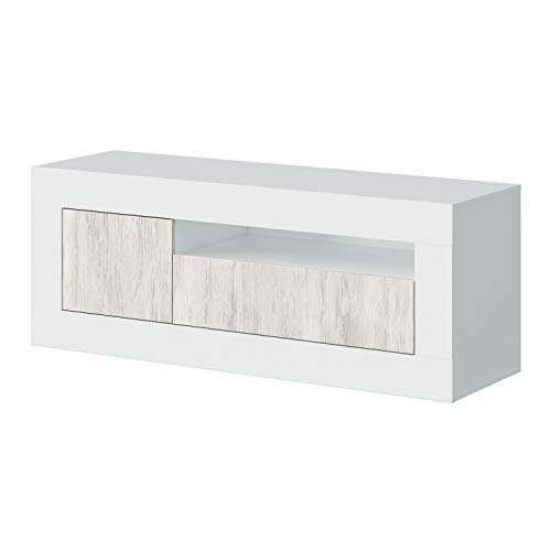 Habitdesign Mueble de TV, Modulo con Dos Puertas, Acabado en Color Blanco Artik y Blanco Velho, Medidas: 139 cm (Ancho) x 53 cm (Alto) x 42 cm (Fondo)