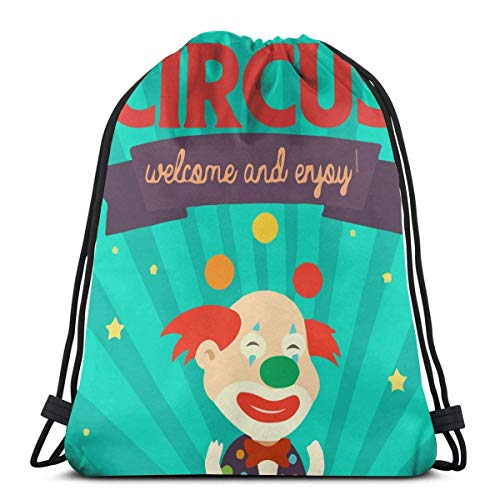 Iconos de Circo Antiguo Payaso Mochilas con cordón Gimnasio Baile Mochilas Bolsas de Hombro Regalo para niñas Hija Niños Niños Adolescentes Mujeres 36 x 43 cm / 14.2 x 16.9 Pulgadas