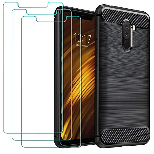 ivoler Funda para Xiaomi Mi Pocophone F1 + 3 Unidades Cristal Templado, Fibra de Carbono Negro TPU Suave de Silicona [Carcasa + Vidrio Templado] Ultra Fina Caso y Protector de Pantalla