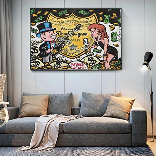 JEfunv Moderno Champagne Money Pintura en Lienzo Alec Monopoly Póster e impresión Wall Street Art Imagen para la Sala de Estar Decoración del hogar 50X70cm 20x28 Pulgadas Sin Marco