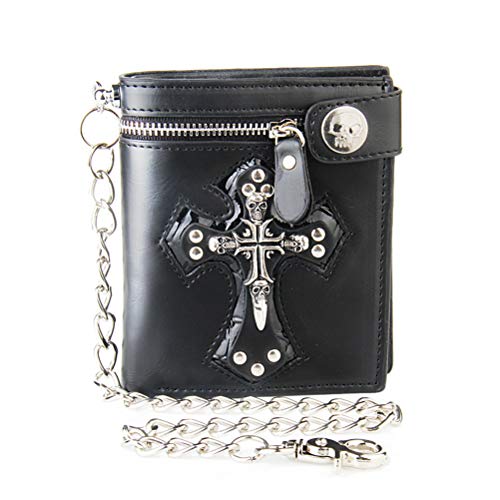 Jingya Cartera para Hombre de Cuero Cadena de la Personalidad Cruz Punk Billetera Gothic Western Clutch Purse Wallet w/Cadena de Metal Desmontable para Hombres Biker Monedero,Black