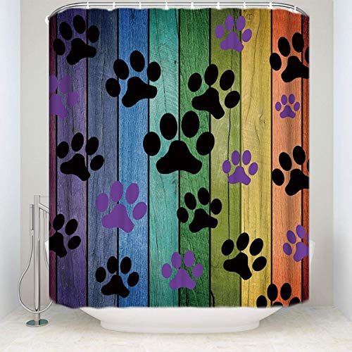 JOOCAR Cortina de ducha de diseño, diseño de rayas de arco iris coloridas patas de perro, tela impermeable para decoración de baño con ganchos