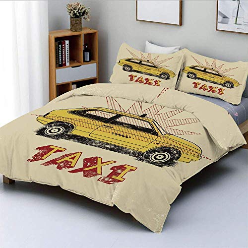 Juego de Funda nórdica, Estilo Pop Art, Taxi Antiguo con Efectos Grunge, gráfico de Coche Vintage, Decorativo, Juego de Cama de 3 Piezas con 2 Fundas de Almohada, Beige Amarillo rubí, Mejor