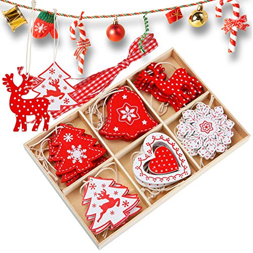 juehu 24 Pcs Decoracion Arbol Navidad Madera Navidad Adornos de Copos de Nieve Ahuecados Colgantes Decoración de Navidad de Manualidades Colgantes Renos de Navidad de Rojo Blanco Decoración de Fiesta