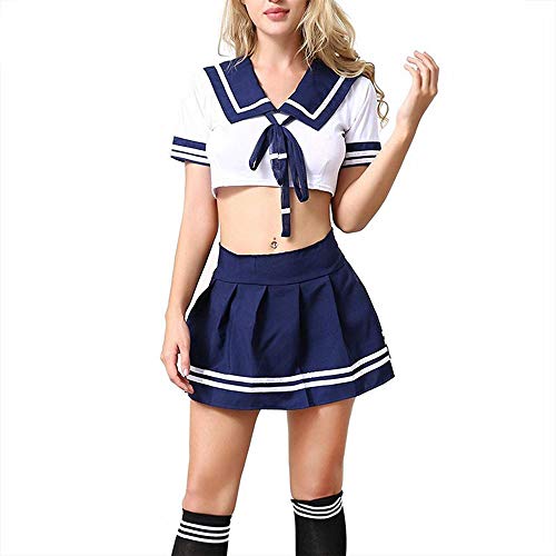 Kadila - Disfraz de colegiala sexy para mujer, juego de rol, disfraz de lencería a cuadros con pliegues, minifalda, parte superior blanca y uniforme de corbata con medias azul L