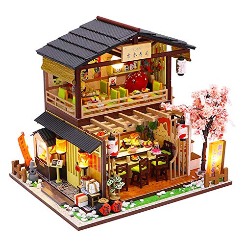 Kit de casa de muñecas 3D ensamblado para sushi ShopDollhouse miniatura DIY casa Kit de casa creativa habitación con muebles, restaurante japonés de sushi