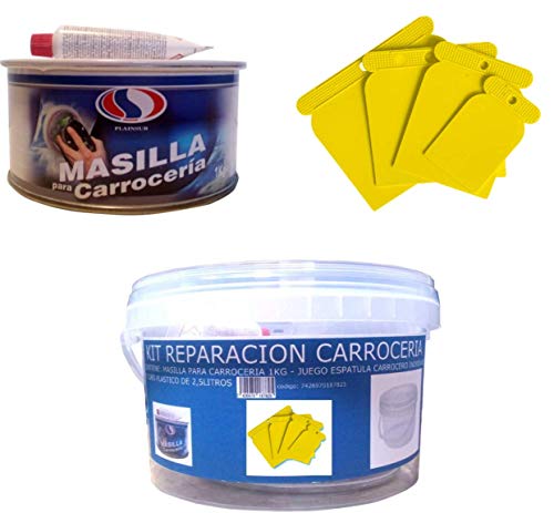 KIT REPARACION CARROCERIA (MASILLA PARA CARROCERÍA 1 KG + JUEGO ESPATULA CARROCERO PLASTICO + CUBO PLASTICO 2,5 LITROS) PLAIN+PLAST