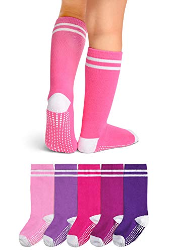 LA Active Calcetines Altos Rodilla Antideslizantes - 5 Pares - para Bebé Niños Niñas Infantil - Algodón (Niñas Rayas Atléticas Variedad Multicolor, 6-12 Meses)