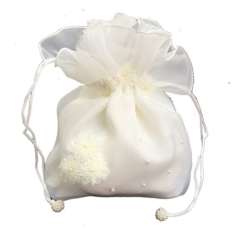 LadyMYP Romántico Bolso novia con Flores De Satén y Cuentas, NUEVO, Boda, Comunión, blanco/marfil, Aprox. 16 22 cm - marfil