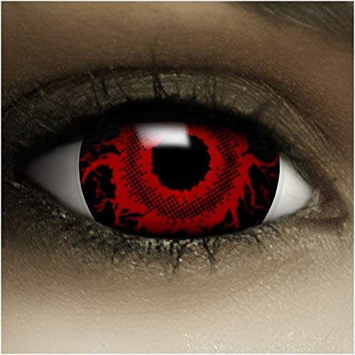 Lentillas de color "Mini Sclera Cataclysm" + cápsulas de sangre artificial + recipiente de FXContacs en blanco, blandas, sin dioptrías pack de 2 unidades - cómodas y perfectas para Halloween, Carnaval, sin corregir