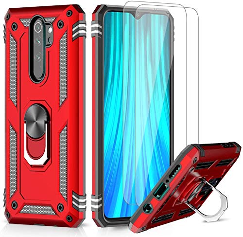 LeYi Funda Xiaomi Redmi Note 8 Pro con [2-Unidades] Cristal Vidrio Templado,Armor Carcasa con 360 Grados Anillo iman Soporte Hard PC y Silicona TPU Bumper Antigolpes Case para Movil Note 8 Pro,Rojo