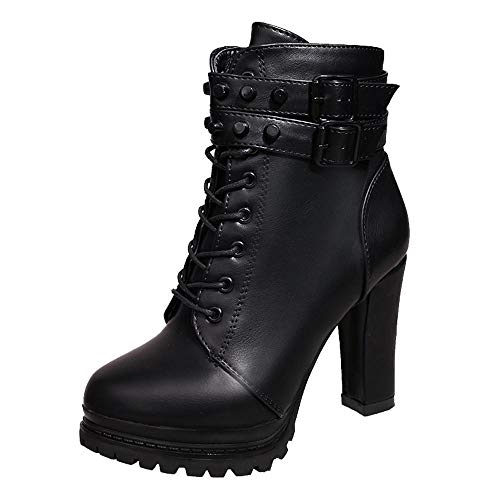 Logobeing Zapatos de Tacón Alto Botas Mujer Invierno Martain Boot Zapatos con Cordones de Cuero Botines Mujer Tacon Plataforma Zapatos (36,Negro)