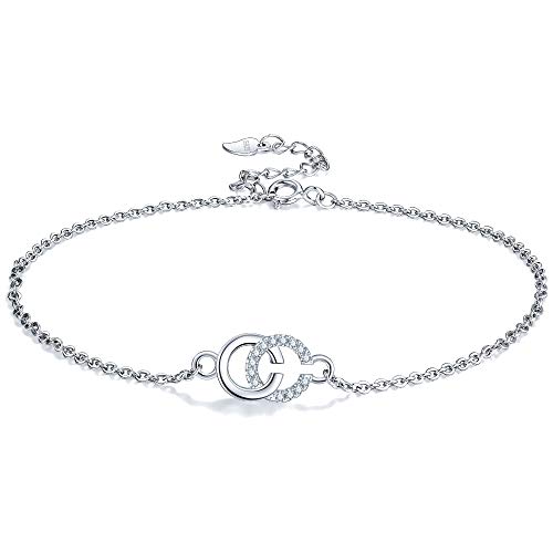 Lydreewam Tobilleras Pulseras Plata de Ley 925 para Mujer Letra Doble C Verano Descalzo Playa, Ajustable 22 + 4cm