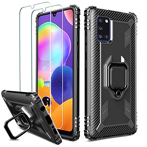 Milomdoi [3 Articulos] 1 Funda +2 Packs Protectore Pantalla Cristal Templado para Samsung Galaxy A31, [Grado Militar Anti-Caída] Soporte Giratorio de 360°Grados con Anillo Dedo TPU Silicona-Negro