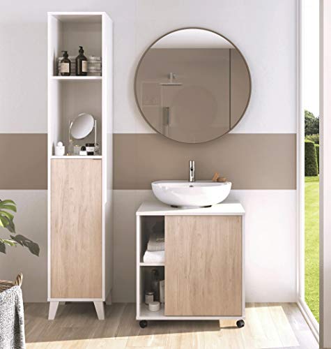 Miroytengo Conjunto mobiliario baño Moderno Saina para Lavabo Pedestal pie Mueble Columna Blanco y Roble sin Espejo