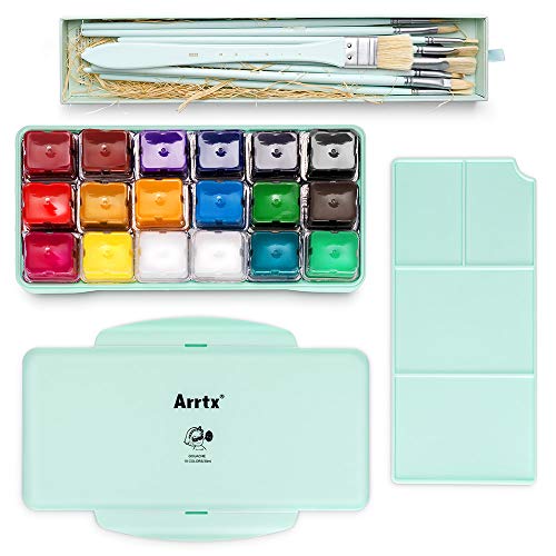 Miya Kit de pintura de gouache, 18 colores x 30ml Conjunto de pintura and Brochas de cerdas de cerdo de 10 piezas, Diseño único de la taza de jalea