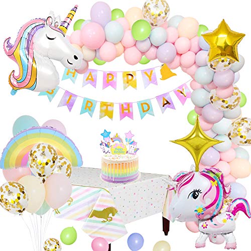 MMTX Unicornio Decoraciones Cumpleaños de Fiesta para Niños, Enormes 3D Globos de Unicornio Cumpleaños Estandarte Cake Toppers Manteles Globo Arco Iris Globo Estrella para Niños Niñas cumpleaños