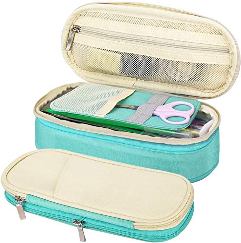 MoKo Funda para Lápices de Gran Capacidad, Caja de Almacenamiento Bolsa de Soporte de Lápiz Portable, Organizador de Papelería con Cremallera para Oficina y Escuela - Arroz Blanco + Menta Verde