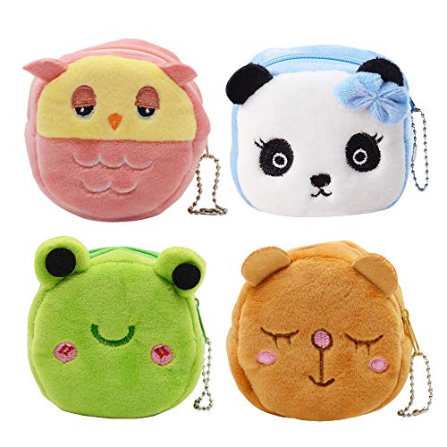 Monedero de Peluche de Dibujos Animados, Bolsa de Monedas de Animales Lindos para niños,Monedero Porta Llaves Bolsos de Embrague, Auriculares, Paquete de Almacenamiento de Cable de Datos (4 Pack)