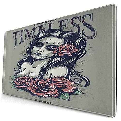 MUYIXUAN Alfombrilla Raton,Skull Day of Dead Girl con Tatuajes Rosas Lady Witch Woman Sign Lámina artística,Alfombrilla Gaming Alfombrilla para computadora con Base de Goma Antideslizante,750×400×3mm