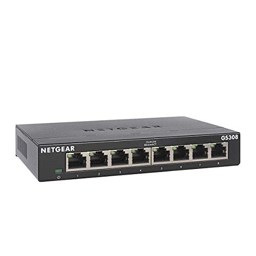 Netgear GS308-300PES Switch 8 Puertos 10/100/1000, Switch gigabit Plug and Play, Switch ethernet de sobremesa, Caja de Metal sin Ventilador, Color Negro