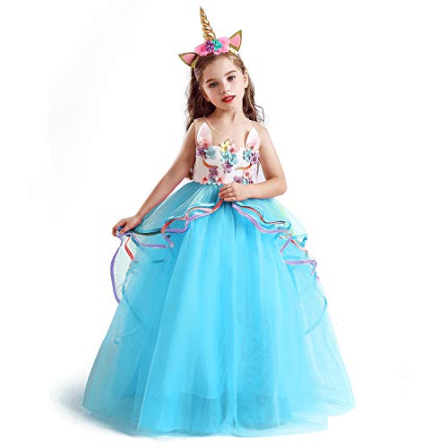 NNJXD Disfraz de Fiesta de Unicornio para Niñas Cosplay Disfraz de Halloween Tamaño (120) 5-6 Años Azul