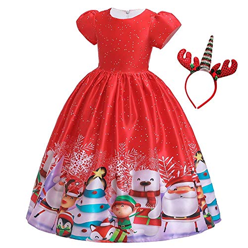 OBEEII Navidad Disfraz Niñas Ropa Christmas Vestidos con Diadema Renos Recién Bebe Tutú Princesa Disfraces Pentagram Bautizo Falda para Ceremonia fotografía Fiesta Canaval Chica 002 Rojo 6-7 años