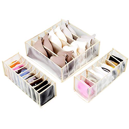 Organizador de Ropa Interior, 3 Piezas de cajones para ropa interior, cajas de almacenamiento, cajones de nailon plegables, caja para sujetador, calcetines, corbatas, bufandas, celosía Beige