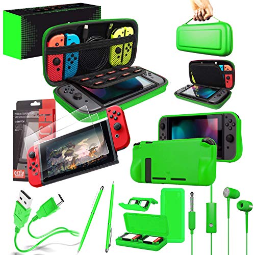 Orzly Accesorios para Nintendo Switch (Incluye: Protectores de Pantalla, Cable USB, Funda para Consola, Estuche Tarjetas de Juego, Comfort Grip para los mandos JoyCon, Auriculares) Verde