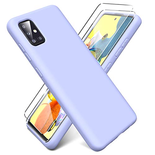 Oududianzi - Funda para Samsung Galaxy A71 + [2 Pack] Protector Pantalla, Carcasa de Silicona Líquida Gel Ultra Suave Funda con tapete de Microfibra Anti-Rasguño - Púrpura