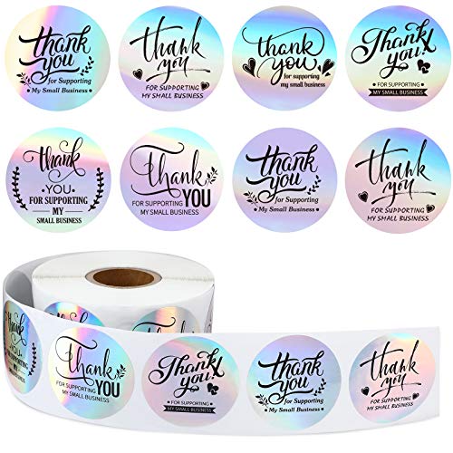 Outus 600 Piezas Pegatinas de Thank You for Supporting My Small Business Pegatinas Etiquetas de Thank You Etiquetas Comerciales Adhesivas de Rollo de Plata Holográfica Pegatinas de Holo Arcoiris