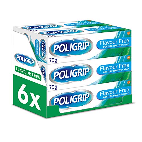 Poligrip - Adhesivo para dentaduras postizas, crema fijadora para asegurar dentaduras, dientes falsos y parciales, sin sabor, 70 g, paquete de 6