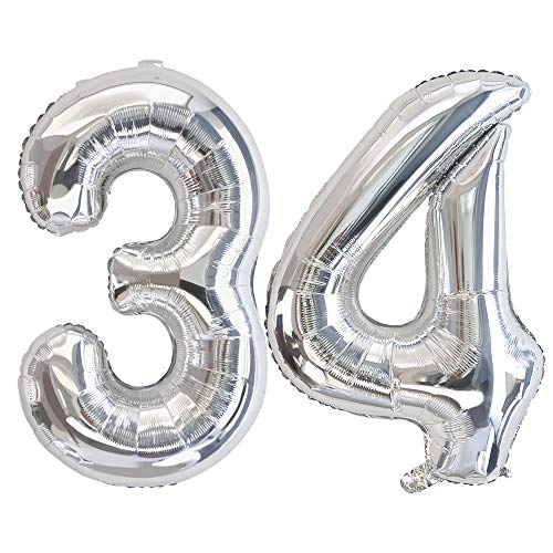 Ponmoo Foil Globo Número 34 43 Plata, Gigante Numeros 0 1 2 3 4 5 6 7 8 9 10-19 20-29 30-39 40 50 60 70 80 90 100, Grande Globos para La Boda Aniversario, Globo de Cumpleaños Fiesta Decoración