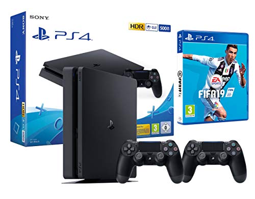 PS4 Slim 500Gb Negra Playstation 4 Consola + 2 Mandos Dualshock 4 + FIFA 19