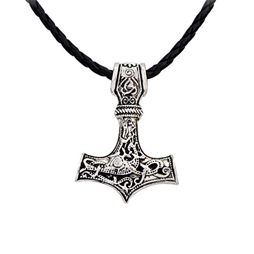 QEPOL Hombres Viking Leather Norse Thor's Hammer , Mjolnir Celtic Nudo Colgante Collar Joyería Escandinavo Tallado a mano Cabeza de calavera Cadena de plata antigua Cuervo Damas (Plateado)