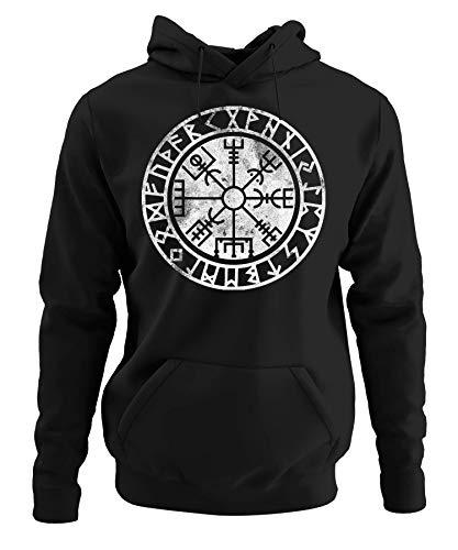 Quattro Formatee Vegvisir Futhark Viking Valhalla Odin Thor Nordmann Wolf Nórdica Skal Norse D Sudadera, sudadera con capucha Negro M