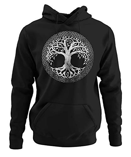 Quattro Formatee Yggdrasil - Sudadera con capucha con diseño de árbol de la vida vikingo Valhalla Odin Thor Nordmann Wolf Negro S