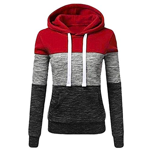 Reooly Sudadera con Capucha y Panel de Manga Larga para Mujer Sudadera Costura Tops Blusa(R-Rojo,Large)