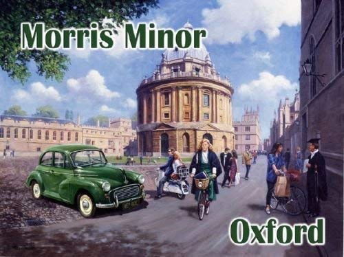 RKO Morris Minor Vintage Clásico Coche en Oxford City University. Metal/Cartel para Pared de Acero - 20 x 30 cm